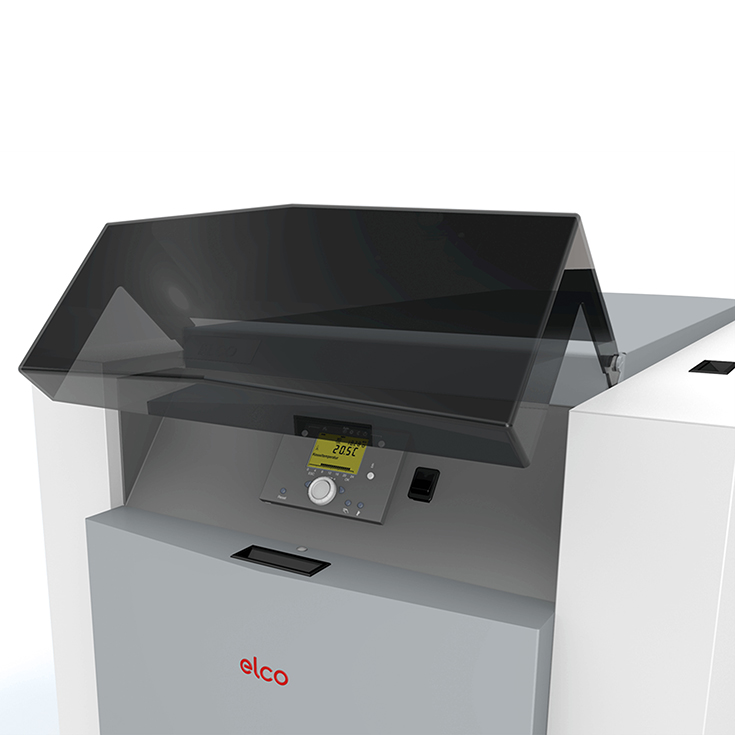 Moderne Heizungssteuerungseinheit von Elco mit digitalem Display und schwenkbarem Schutzcover, dargestellt in Nahaufnahme im geöffenten Zustand