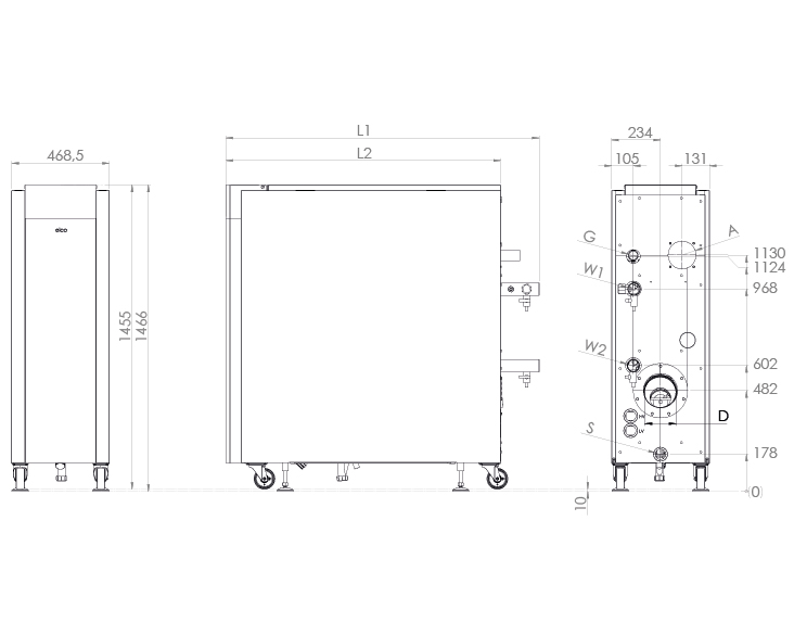 Technische Zeichnung mit Abmessungen der TRIGON XL 150, 200 und 250