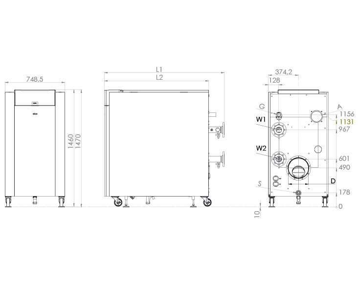 Technische Zeichnung mit Abmessungen der TRIGON XL 300, 400, 500 und 570