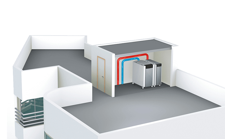 Dach eines mehrstöckigen Gebäudes auf dem die TRIGON XL montiert wurde
