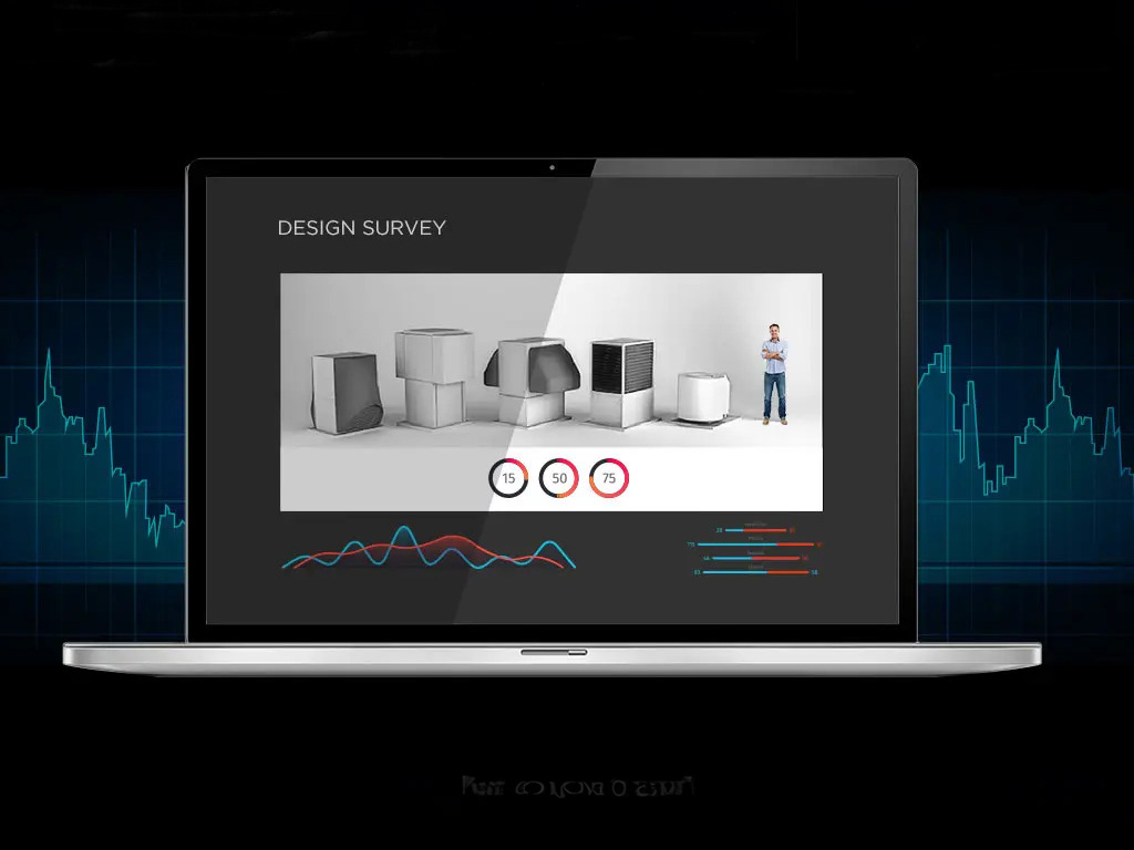 Laptop-Bildschirm mit einer Design-Umfrage, die verschiedene Modelle von Wärmepumpen zeigt, sowie Diagramme und Statistiken im Hintergrund