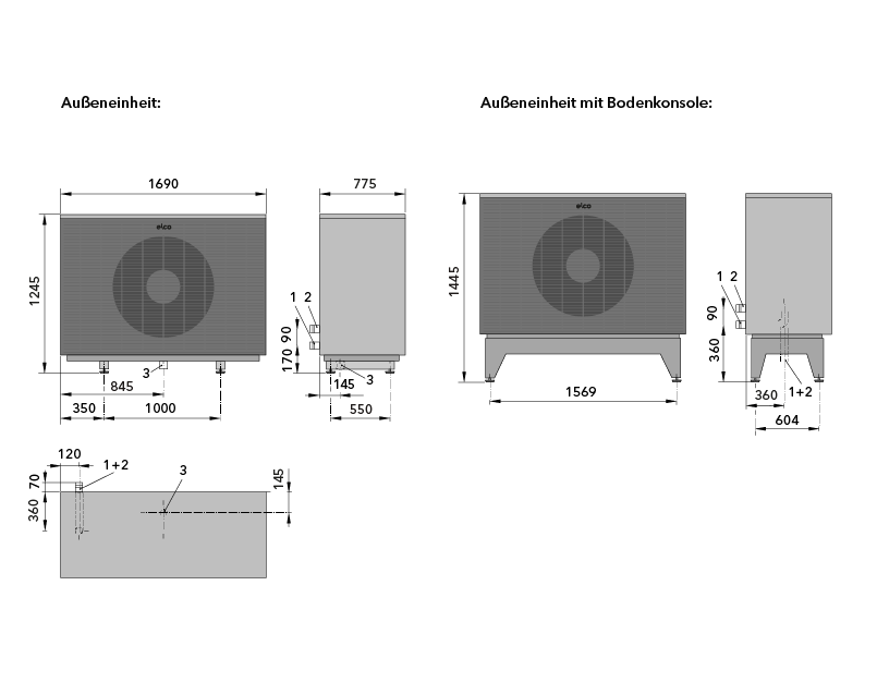 Abmessungen AEROTOP® SPK 16/20 Außeneinheit
