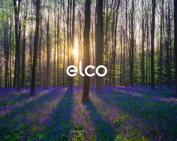 Sonnenstrahlen scheinen durch einen Wald mit blühenden lila Blumen, im Vordergrund das Logo von Elco
