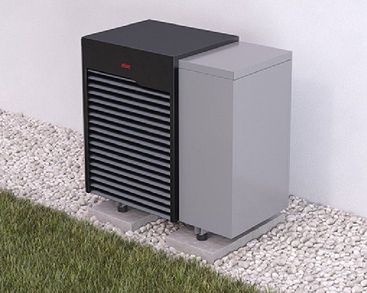 AEROTOP SX steht an einer Hauswand auf einem Streifenfundament, umgeben von Gras und Kiessteinen